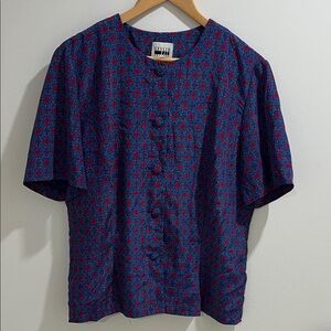 VINTAGE Women’s Blouse M-L Button Down Floral Pattern Geometric Peplum